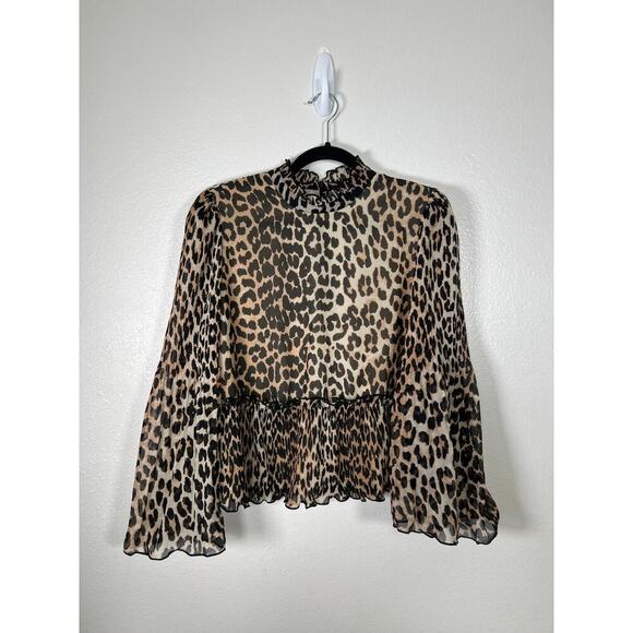 Ganni Leopard Print Pleated Peplum Blouse Long Sleeves Size 40 - Picture 4 of 10